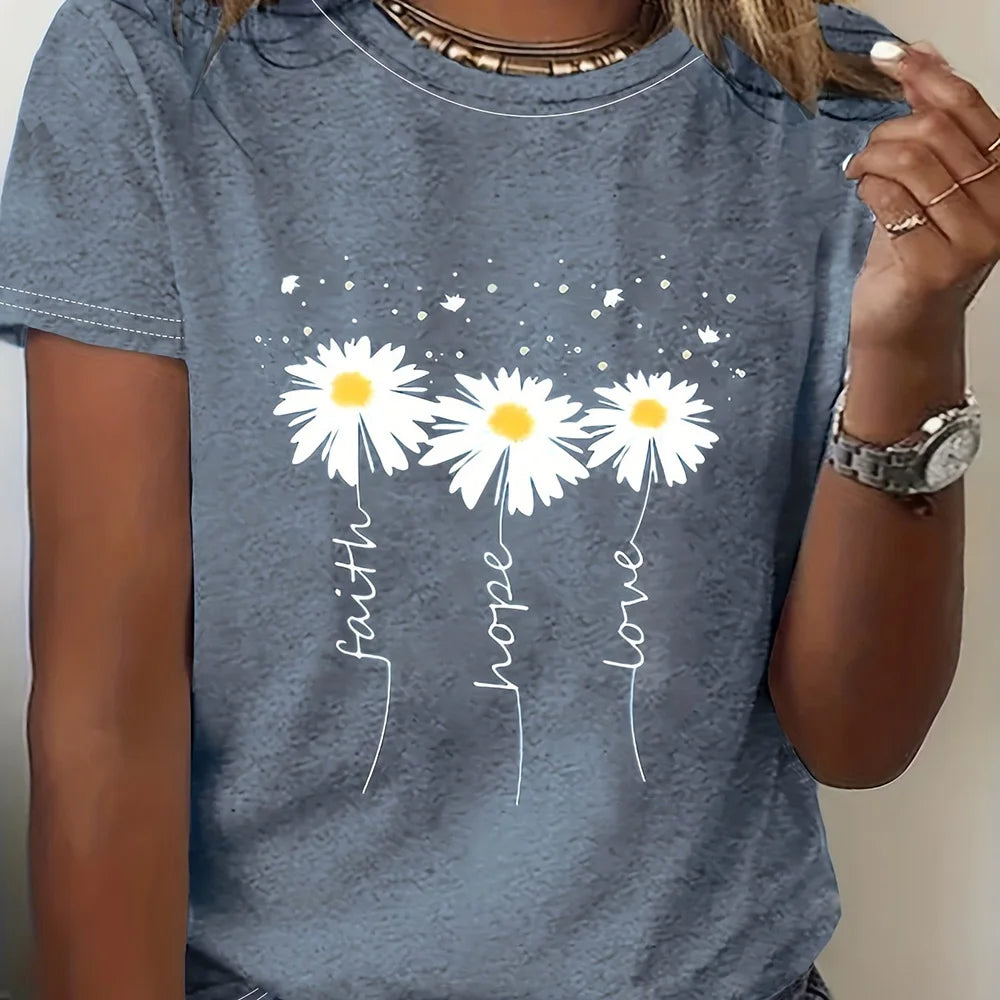 T-shirt Summer Fashion Short sleeved Top Flower Print Loose Clothing Women's Party T-shirt