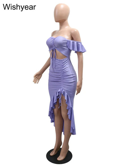 Showlder Backless Ruffles Irregular Dresses Woman Ruched Patchwork Hollow Out Bodycon Birthday Vestidos Autumn