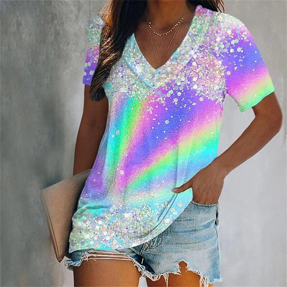 Colorful Tassels Print T-Shirt Fashion Women's Short Sleeve V-Neck T-Shirt Summer Casual Elegant Women's Large Size T-Shirt