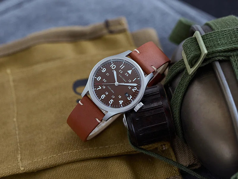 Baltany Men Quartz Field Watch S2082 10-Year Life Battery Luminous Leather Sapphire Stainless Steel Date Retro Military Watches
