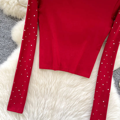 Long Sleeves Hotsweet O-neck Fashion Rhinestone Slim Top French Streetwear Sexy High Street Autumn Winter Women T-Shirts