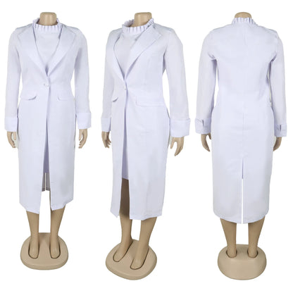 Elegant Office Lady Blazer Two Piece Sets Women Lapel Long Sleeve Coat And Slim Dress Outfit Female Clothing