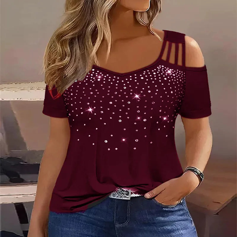 hot drill off-shoulder large size short sleeve T-shirt women's top