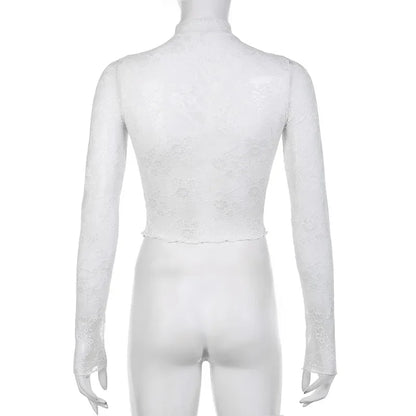 Lace Blouse Shirts Summer Women Turtleneck Long Sleeve See Through Lace Patchwork Thin Tops