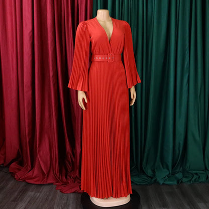 V-neck Flare Sleeve Big Swing Floor Length Maxi Long Dresses  Women Autumn Winter Party Prom Dress