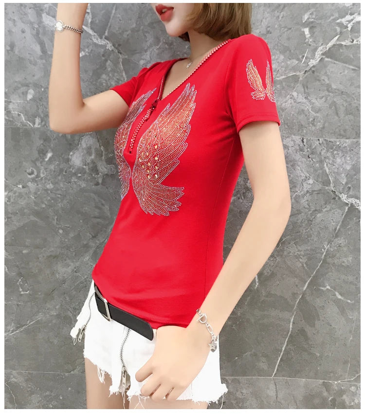 T-shirt For Summer Short Sleeve Pulovers Clothes Casual Aesthetic Cotton Tops Sexy V Neck Zipper Diamonds Tees