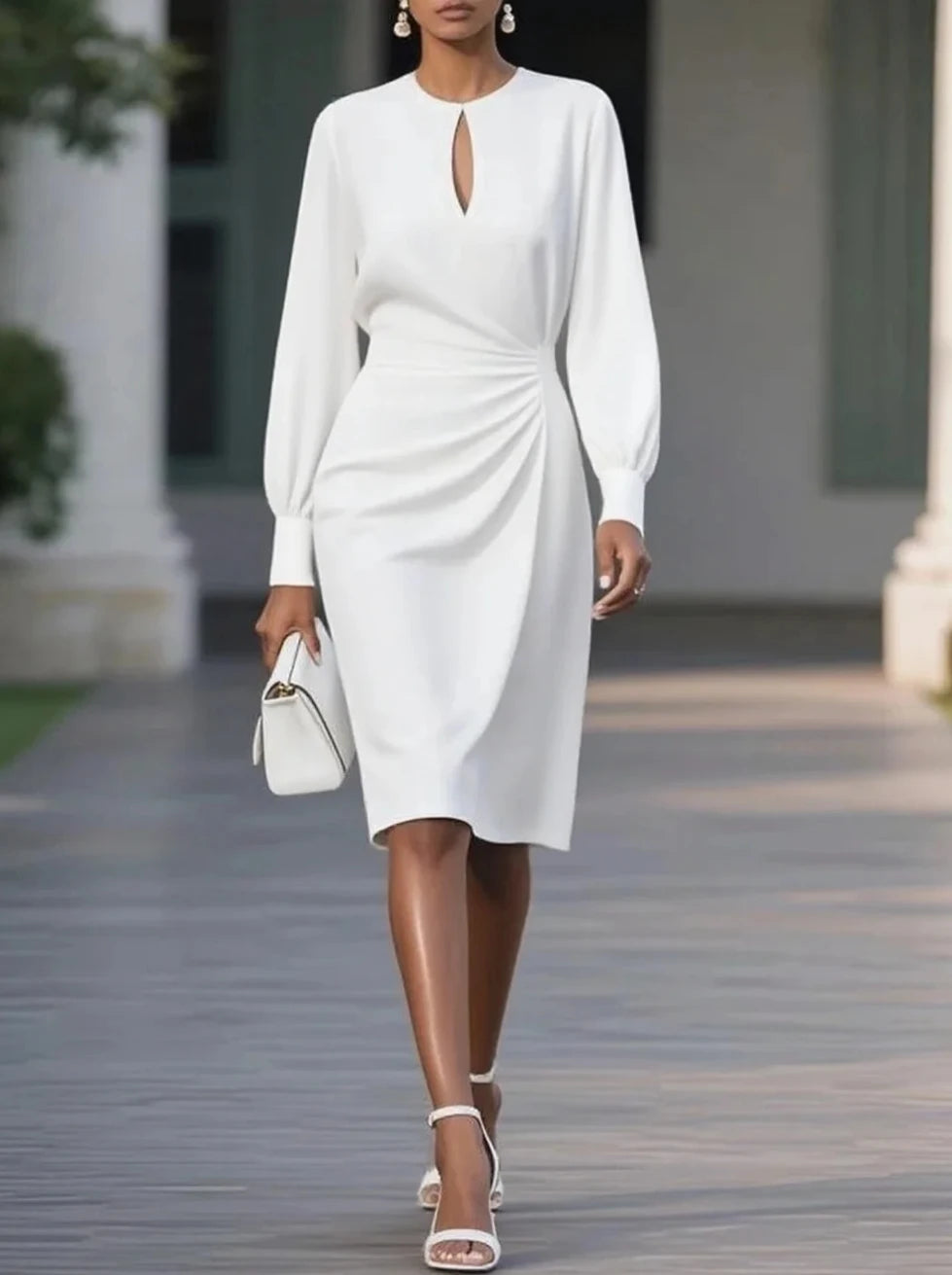 Woman Dress  O Neck Hollow Out Long Sleeve Office Dress Women Slim A-Line Party Long Dresses