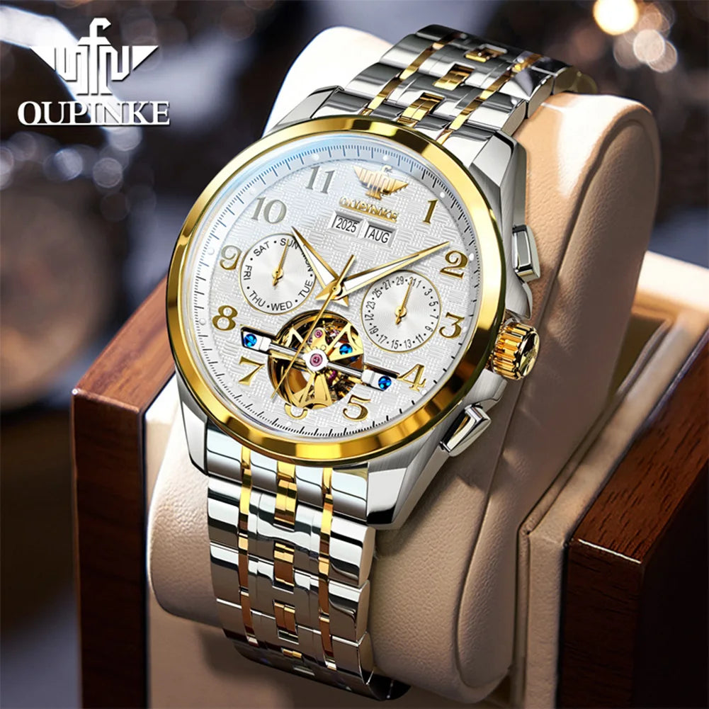 OUPINKE 3263 Mens Watch Luxury Flywheel Automatic Mechanical Watch﻿ 50M Waterproof Luminous Tungsten Steel Brand Watches New