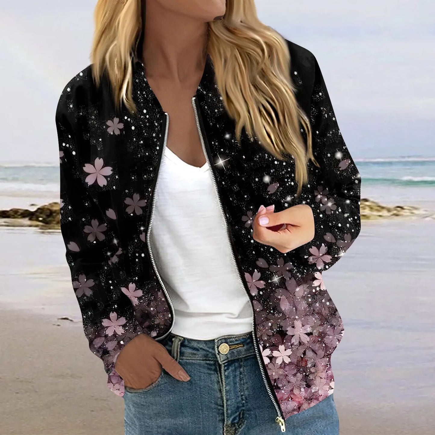 Women Elegant Zipper Bomber Jackets Spring Autumn Floral Printed Jackets Casual Coat Retro Outwear  Round Neck Zipper Jackets