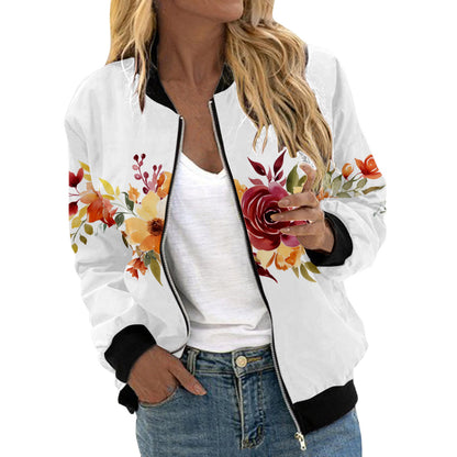 Autumn Bomber Jacket For Women Fashion Flower Print Outwear Stand Collar Zipper Baseball Coat Elegant Slim Basic Ladies Jackets