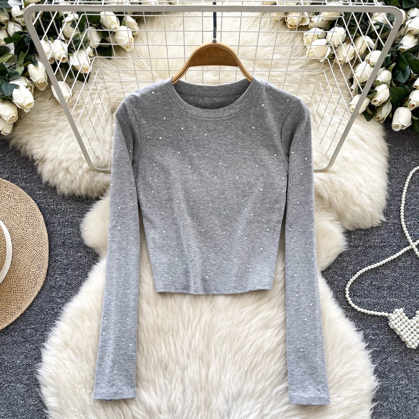 Long Sleeves Hotsweet O-neck Fashion Rhinestone Slim Top French Streetwear Sexy High Street Autumn Winter Women T-Shirts