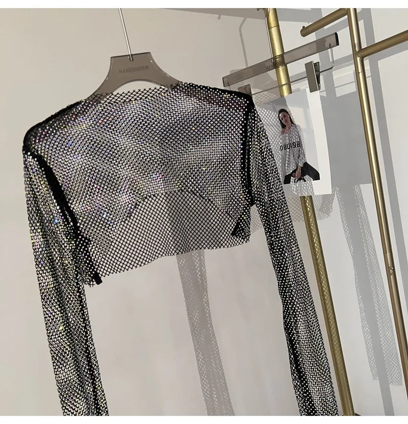 Bright diamond short top Slim thin Ms. hot drill long-sleeved T-shirt sexy leak waist nightclub