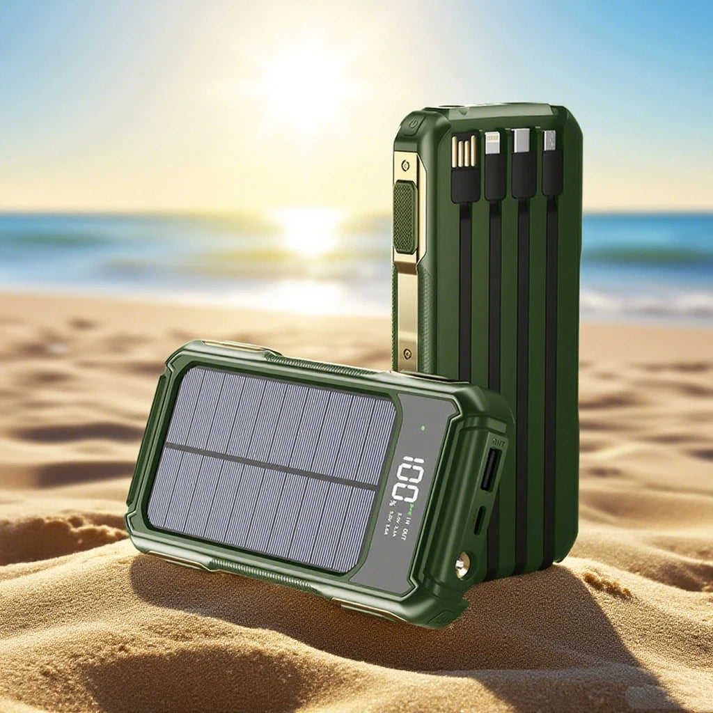 200000mAh Large Capacity Solar Power Bank 4 in 1 Built in Cable  Fast Charging Digital Display Battery LED Light For iPhone NEW