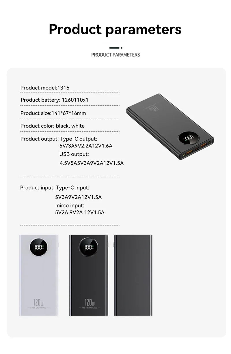 80000mah Power Bank 120W Super Fast Charging Ultra large Capacity For Mobile Power External Battery For iphone Xiaomi Samsung