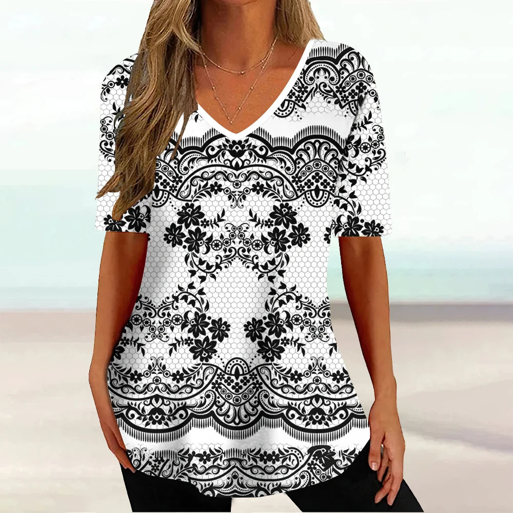 Wind Ladies V-neck T-shirt Summer Outdoor Casual Short Sleeve Tops Retro Street Flower Print OverSize Women's Clothing