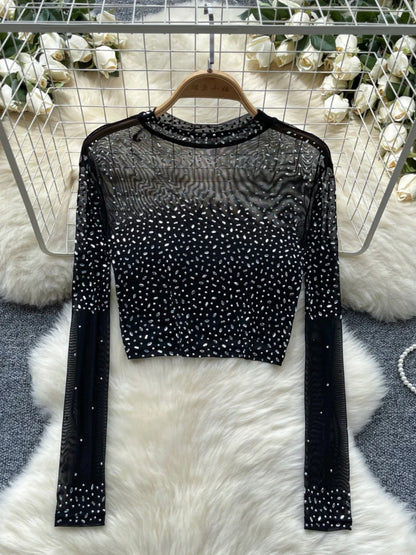Thin See-tough Long Sve Me T-shirt ort Heavy-du Rhinestone Base irt Korean Sle Creative Pattern