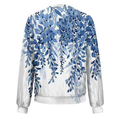 Women Elegant Zipper Bomber Jackets Spring Autumn Floral Printed Jackets Casual Coat Retro Outwear  Round Neck Zipper Jackets