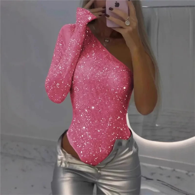Jumpsuit Sequin Top One-Shoulder Tight Rhinrhinone Solid Silver One-Piece Fashion Party Nightclub Summer