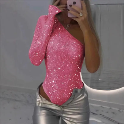 Jumpsuit Sequin Top One-Shoulder Tight Rhinrhinone Solid Silver One-Piece Fashion Party Nightclub Summer