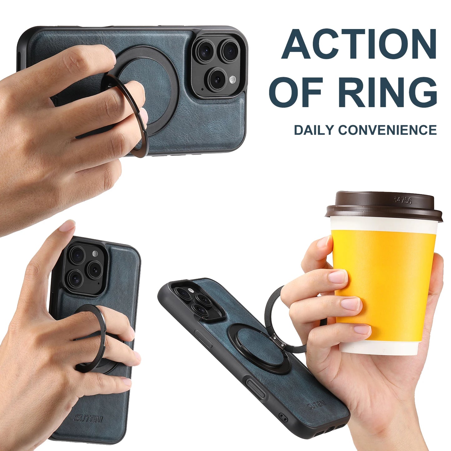 Strong Magnetic Compatible MagSafe Wireless Charging 360° Rotating Ring Stand PU Leather Phone Case For iPhone 17 16 15 14 13 12