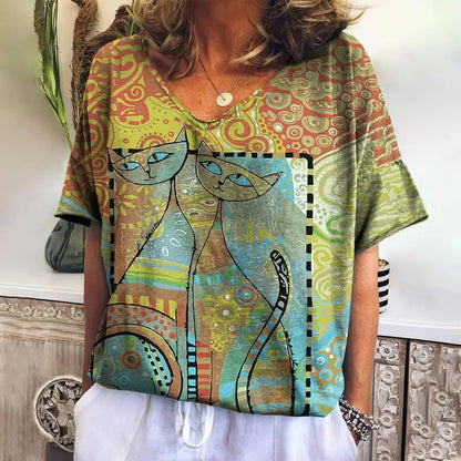 Women T Shirts Cartoon Cat Graphic Girls Clothing Large Size V Neck Short Sleeve Tee Summer Fashion Casual Female Clothing