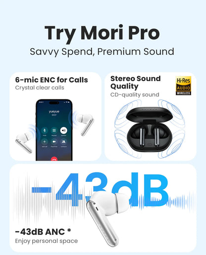 HAYLOU Mori Pro Bluetooth 5.4 Earphones Wireless  43dB Adaptive Noise Cancellation Earbuds 6 Mic Headphones 28H Battery Life