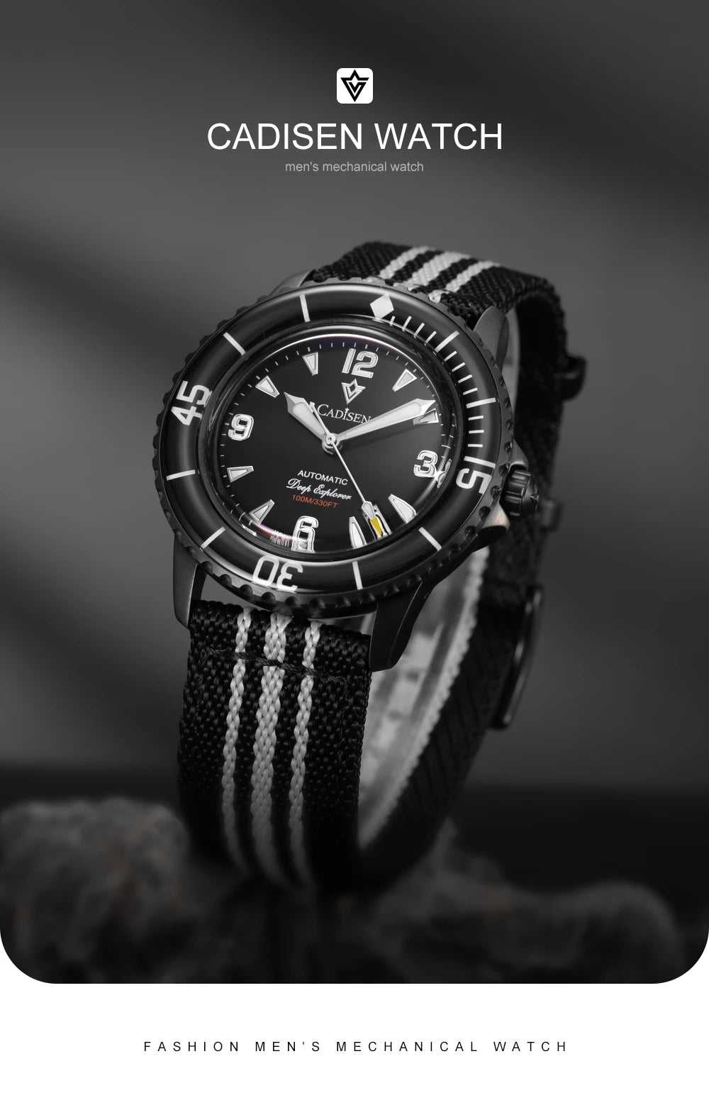 CADISEN Deep Explorer Automatic Mechanical Watch Man Canvas Strap Wristwatch MIYOTA  Luxury Luminous Waterproof Watches