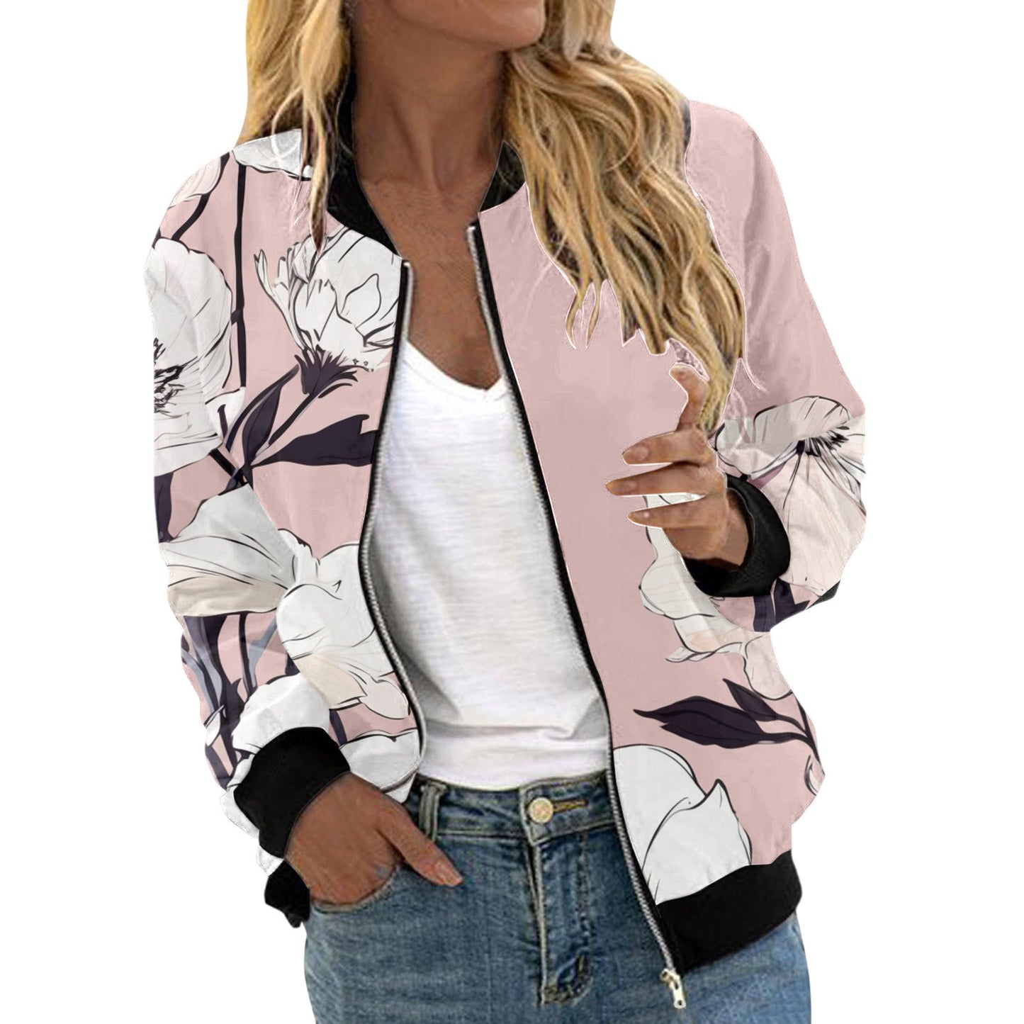 Autumn Bomber Jacket For Women Fashion Flower Print Outwear Stand Collar Zipper Baseball Coat Elegant Slim Basic Ladies Jackets