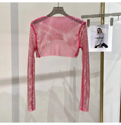 Bright diamond short top Slim thin Ms. hot drill long-sleeved T-shirt sexy leak waist nightclub