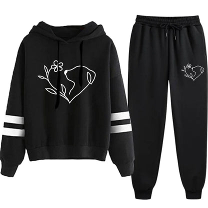 2025 Hot Sale Women's Tracksuit Hooded Sweatshirts Black Sweatpants Urban Casual Fashion Sportswear Cute Pattern Print Hoodies