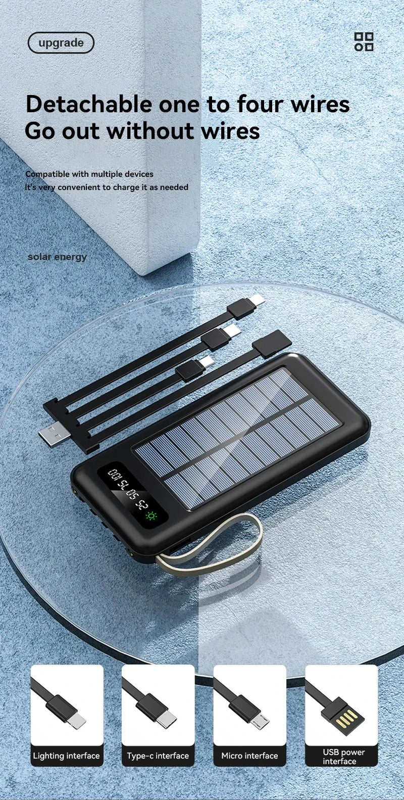 200000mAh Solar Power Bank Large Capacity Mobile Power Fast Charging Battery With Dual USB 4 Cables For iPhone Samsung