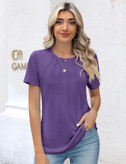 Womens Casual Crew Neck Short Sleeve Pleated Tops Blouses Fashion Clothes