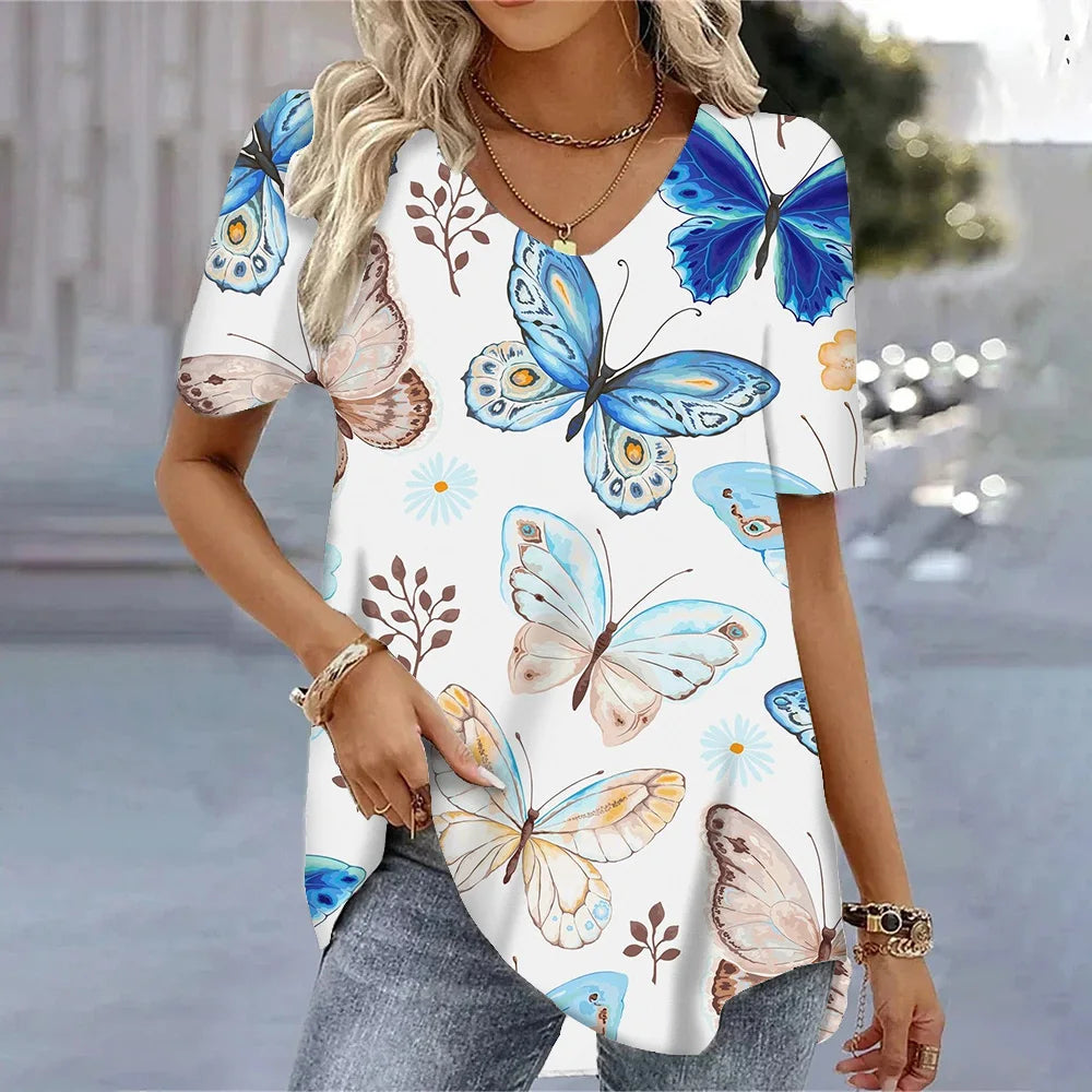 Butterfly Printed Short Sleeve T-shirt Korean Style Women's Clothes 2024 V-neck Short Sleeves Tees Shirt Loose Casual Blouses