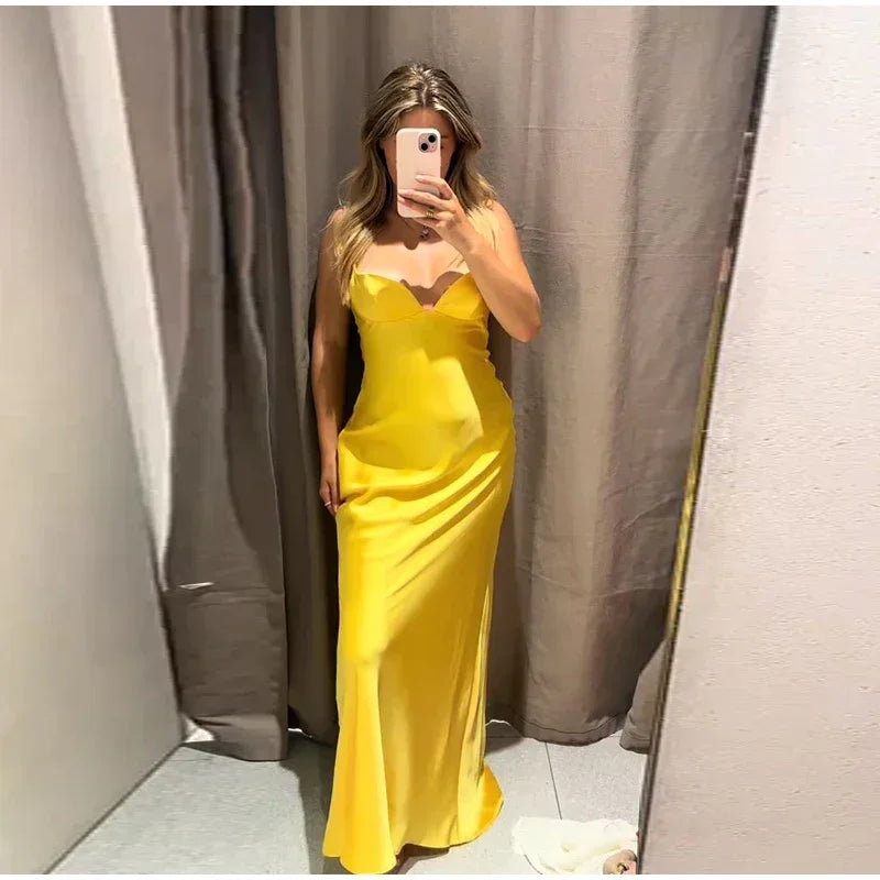 Party Solid Women Long Dresses Sexy A Line Backless Sleeveless Female Dress 2025 Summer Elegant Evening Satin Lady Robes