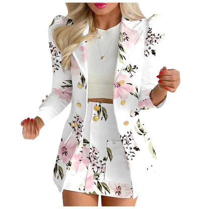 Long Sleeve Two Breasted Skirt Set Solid Color Jacket And Floral Skirt Two Piece Outfit Business Casual Elegant Sets