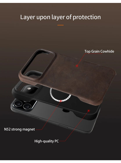 Case for iPhone 15 16 17 Pro Max 17Pro 17 Air 16Pro Retro Luxury Genuine PULL-UP Leather Magnetic Phone Back Cover