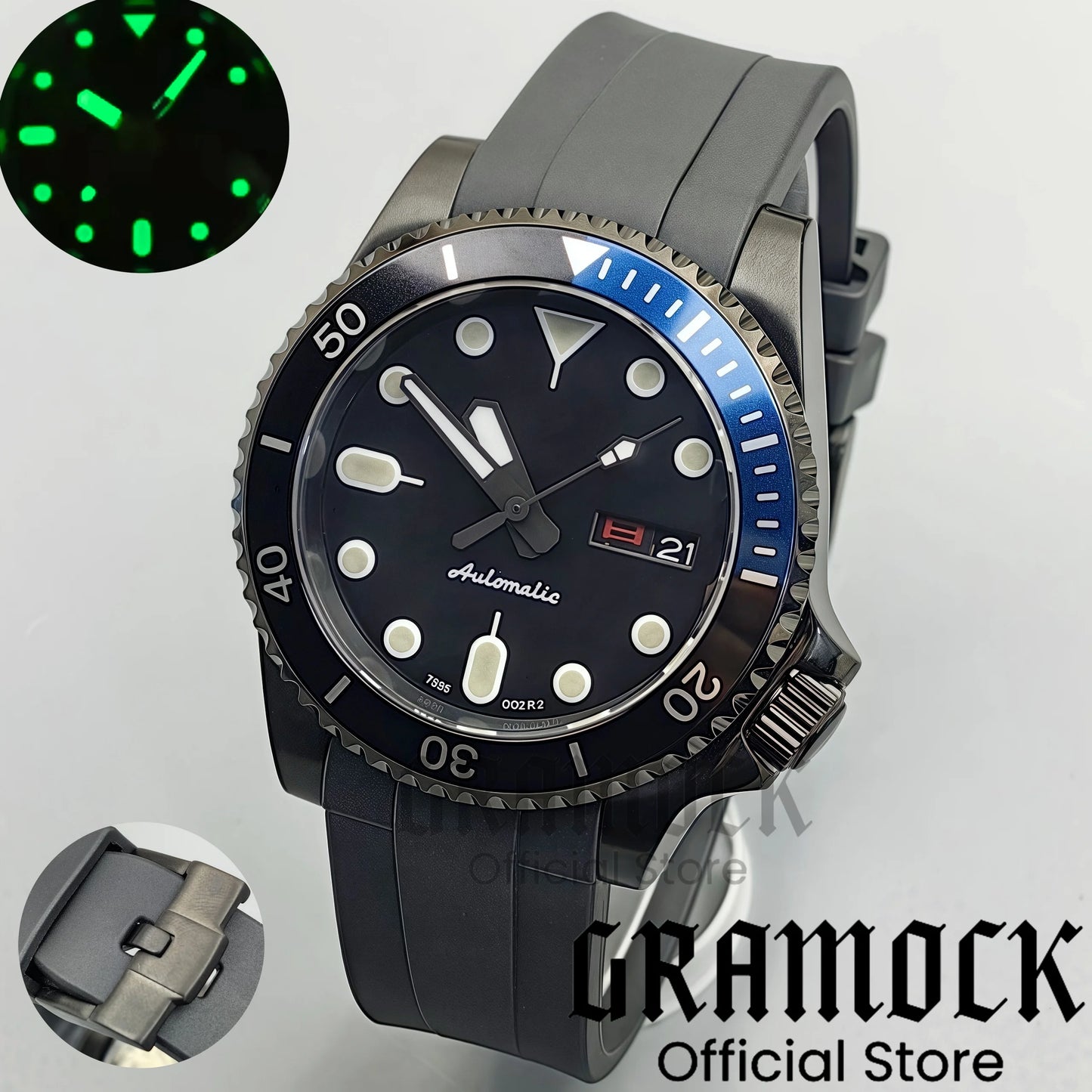Gramock 40mm Men's Watch NH36 Movement Week-day Display Function Full Black Dial PVD Case Curved End Rubber Strap Waterproof