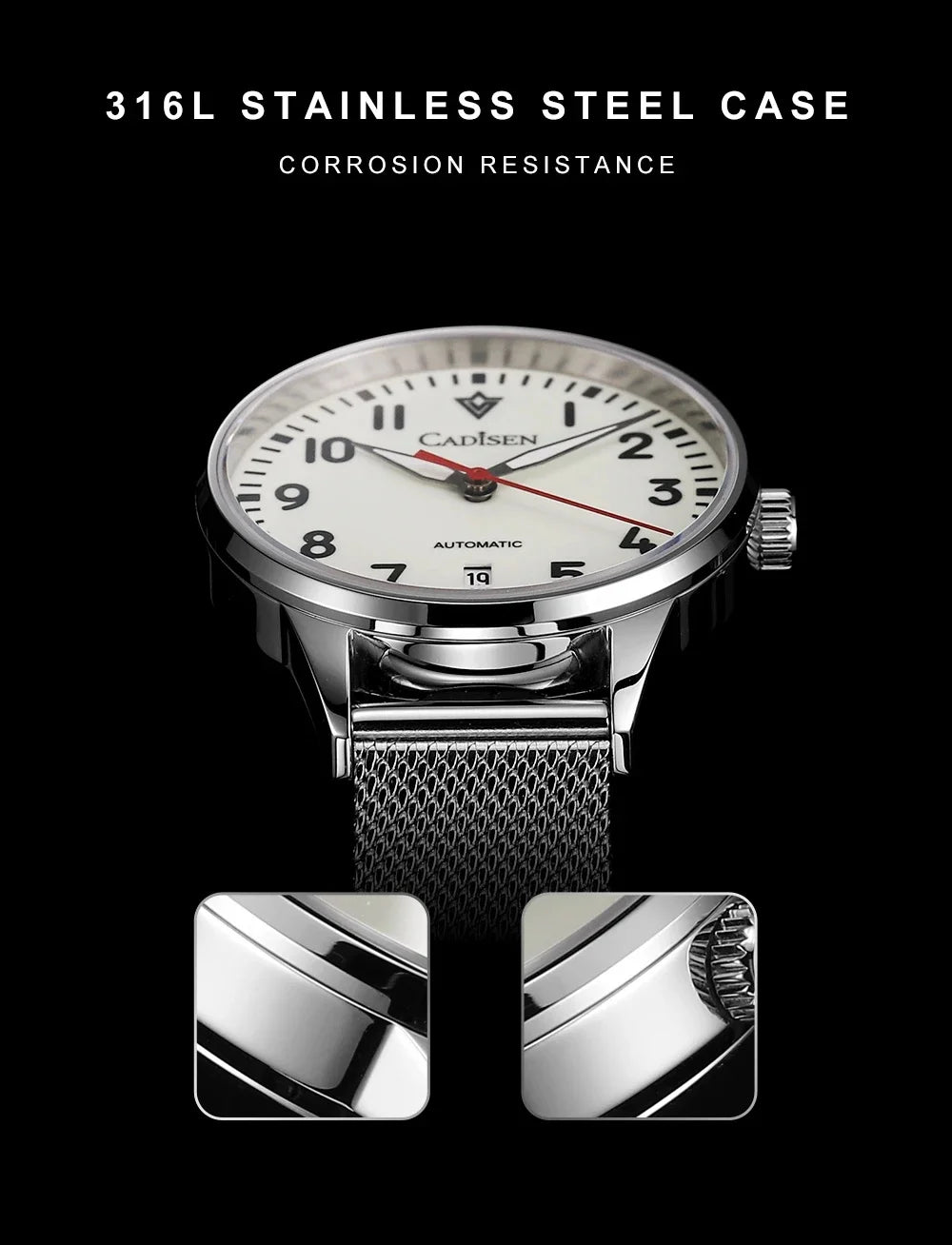 CADISEN Automatic Watch Men Luminous Stainless Steel Self-Wind Wristwatch NH35A Sapphire Waterproof Mesh Belt Mechanical Watch