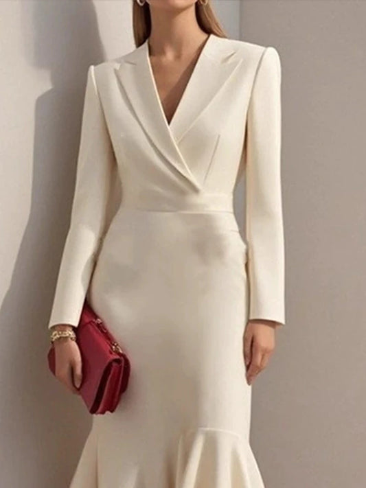 Lapel V-neck Fishtail Dress For Women Fashion Commute Hight Waist Solid Long Dress Casual Long Sleeve Ruffle Party Dress