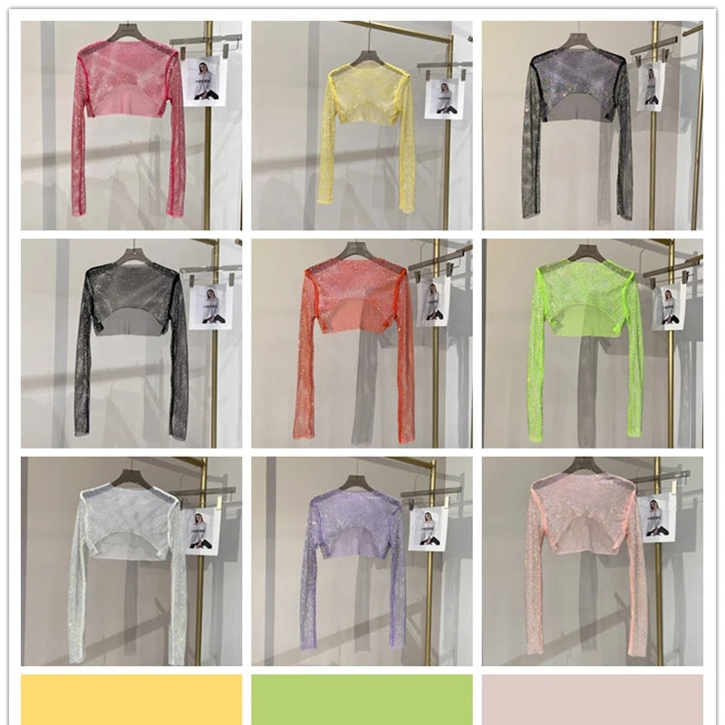 Bright diamond short top Slim thin Ms. hot drill long-sleeved T-shirt sexy leak waist nightclub