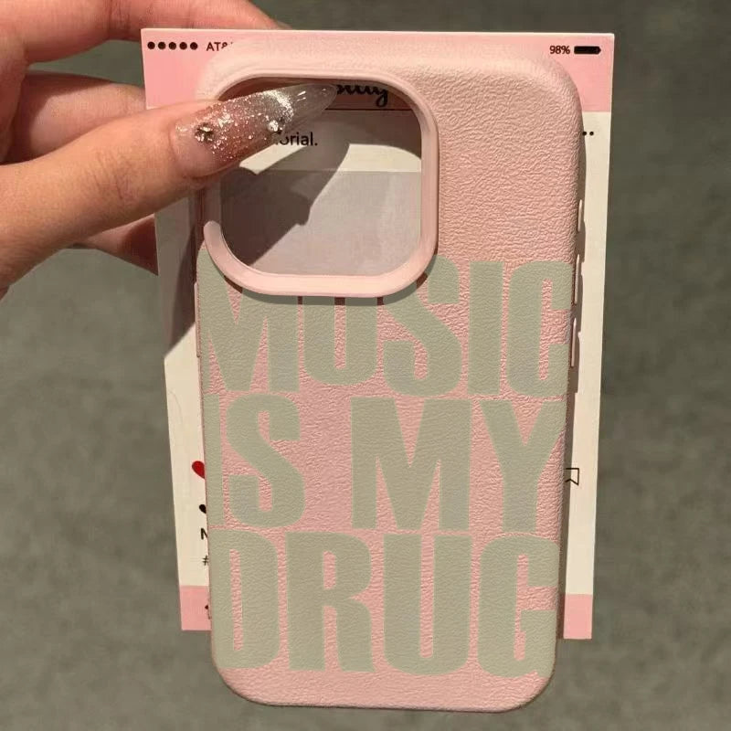 Phone Case For iPhone 17 11 13 12 15 14 16 Pro Max XS XR X 7 8 Plus SE 17 Air MUSIC IS MY DRUG Pattern Lychee Texture Soft Cover