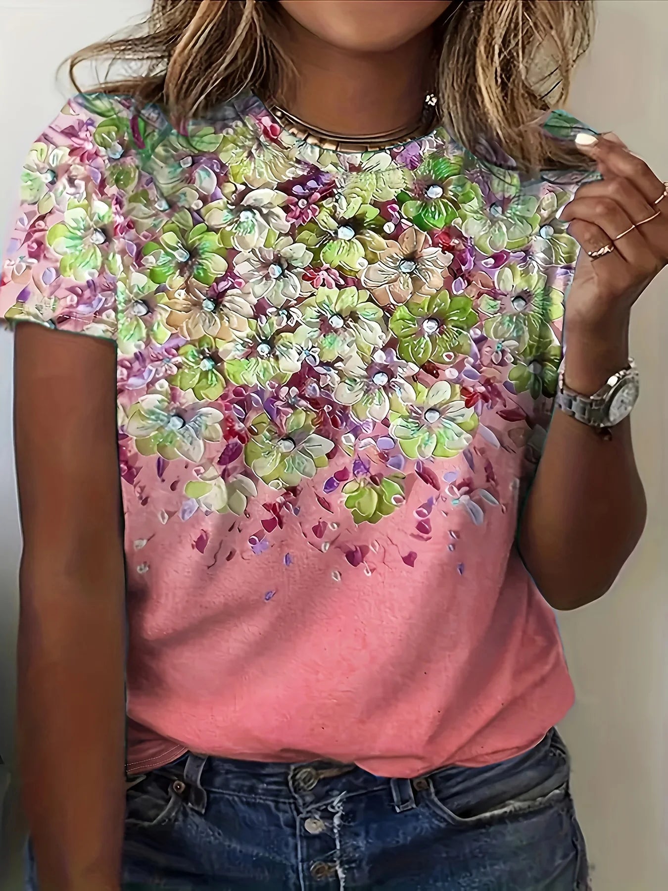 Colorful Rose Flower Print Round Neck Women's T-shirt Summer Versatile And Refreshing Y2K T-shirt