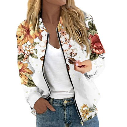 Women Elegant Zipper Bomber Jackets Spring Autumn Floral Printed Jackets Casual Coat Retro Outwear  Round Neck Zipper Jackets
