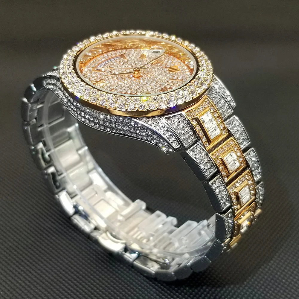 Diamond Wristwatch For Men Luxury 18K Gold Plated Quartz Watches Day Date Nightclub Party Watch Unisex Rapper Jewelry