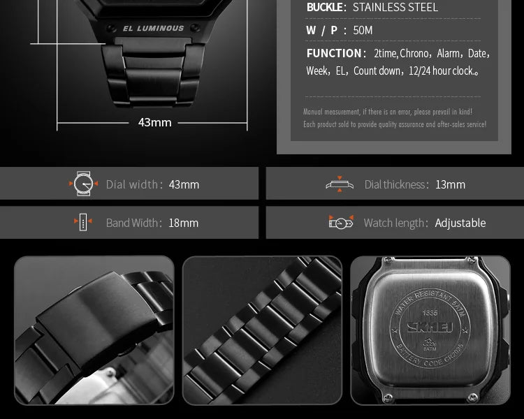 SKMEI 1335 Digital Watch for Men Retro Sports Waterproof Chrono Electronic Mens Wristwatches Stainless Steel Clock Reloj Hombre
