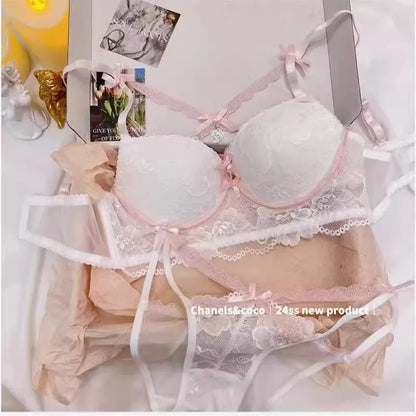 Lingerie Japanese Lace Bra Set, Heart Pendant Purple Lingerie Sexy & Pure Small Chest Push Up Bralette, Fashion Outerwear Design Enhancer