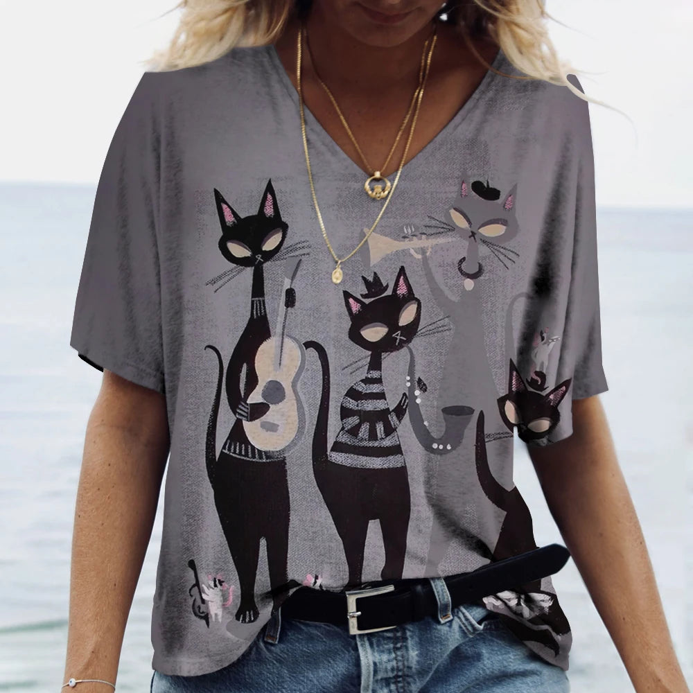 T-shirt Cartoon Cat Print Summer Short Sleeve V-Neck Kawaii Fashion Casual Tee Shirts With Cat Funny Femininity Clothing