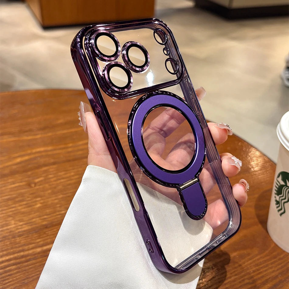 Iphone 17 Air Case Plating Magsafe Magnetic Bracket Case for iPhone 17 16 Pro 13 12 Max 15 14 16 Plus 17PRO Transparent Cove
