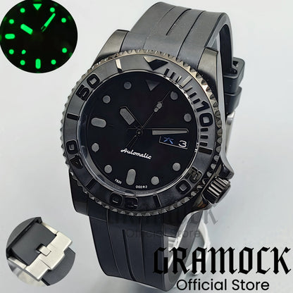 Gramock 40mm Men's Watch NH36 Movement Week-day Display Function Full Black Dial PVD Case Curved End Rubber Strap Waterproof