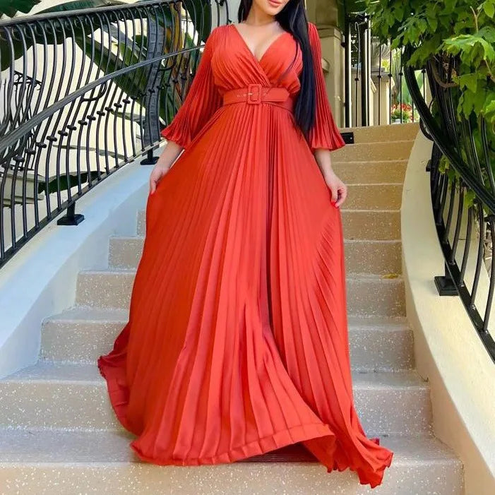 V-neck Flare Sleeve Big Swing Floor Length Maxi Long Dresses  Women Autumn Winter Party Prom Dress